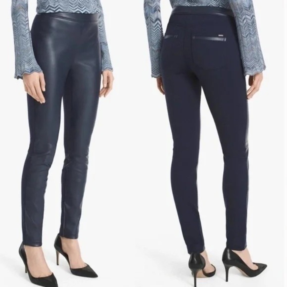 White House Black Market Navy Faux Leather‎ Panel Leggings Pants Size 10 GUC